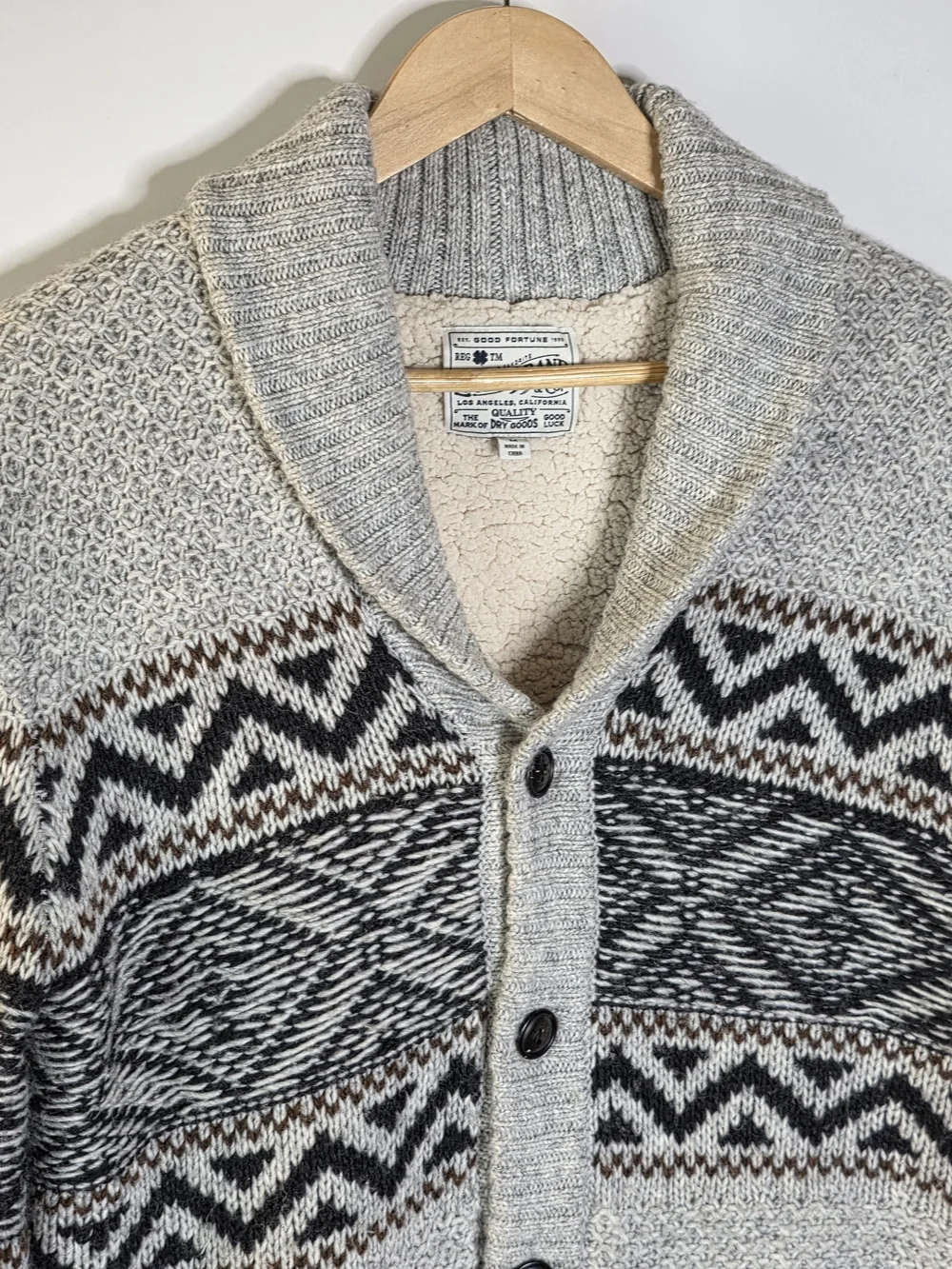 Lucky Brand Sherpa Lined Shawl Collar Fair Isle Knit Cardigan Sweater Medium